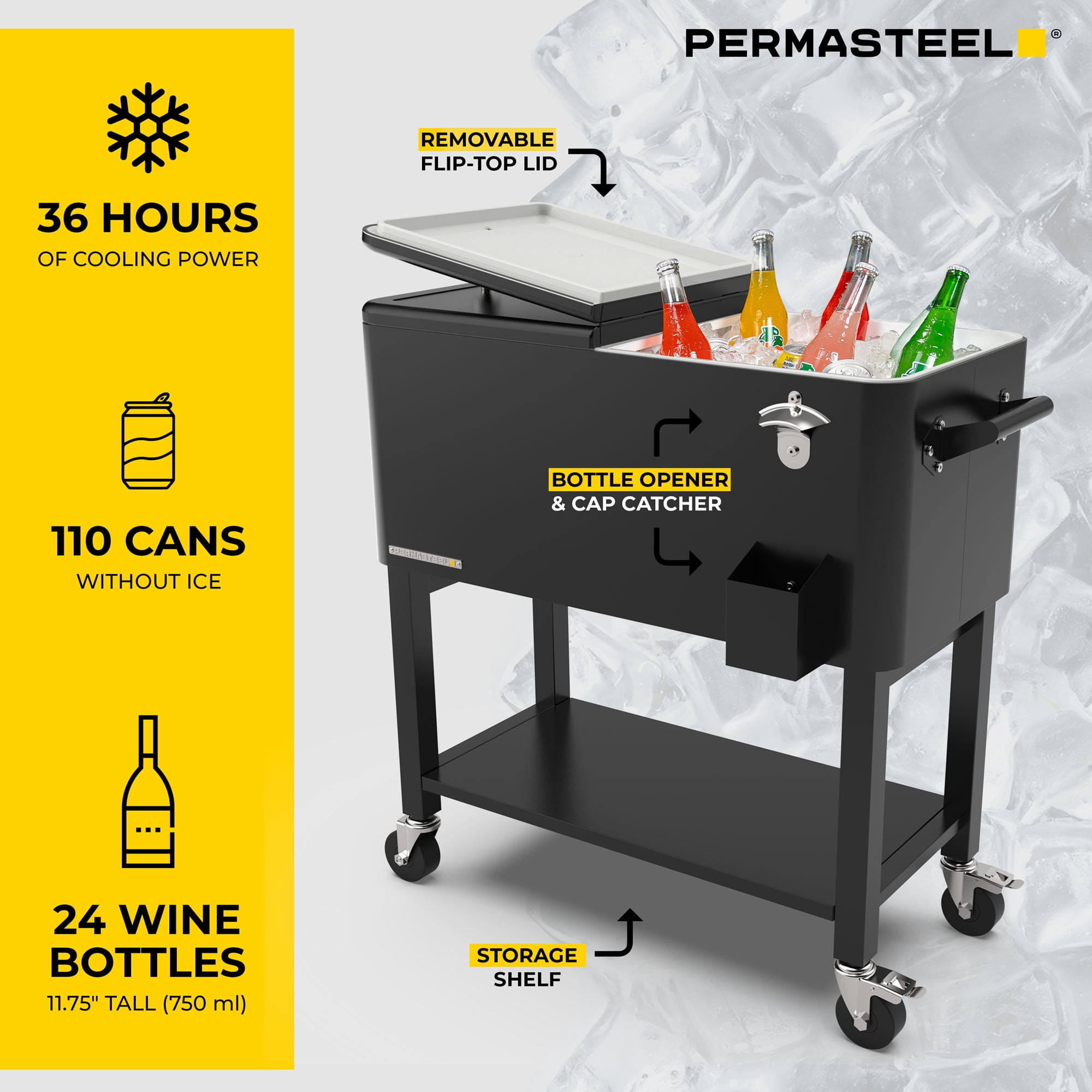 Permasteel Party Cooler with Divider, Removable Basin, Spacious 80-Qt Capacity, Chills 36hrs, Serving Tray, Rolling Ice Chest for Indoor & Outdoor, Matte Black