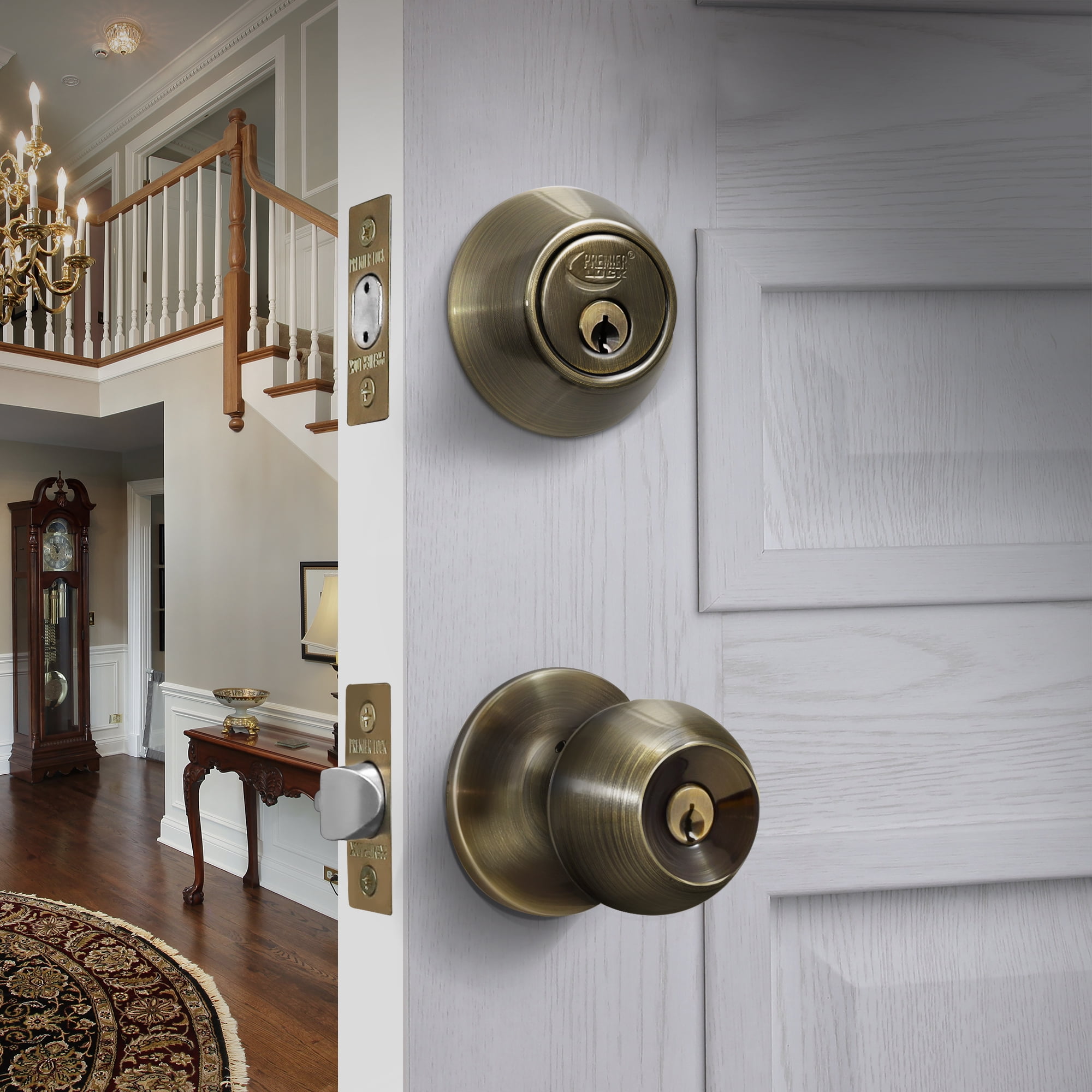 Antique Brass Entry Lock Set Door Knob & Deadbolt Keyed Alike SC1 Keyway (Set of 6). 36 Total Keys, Keyed Alike by Set