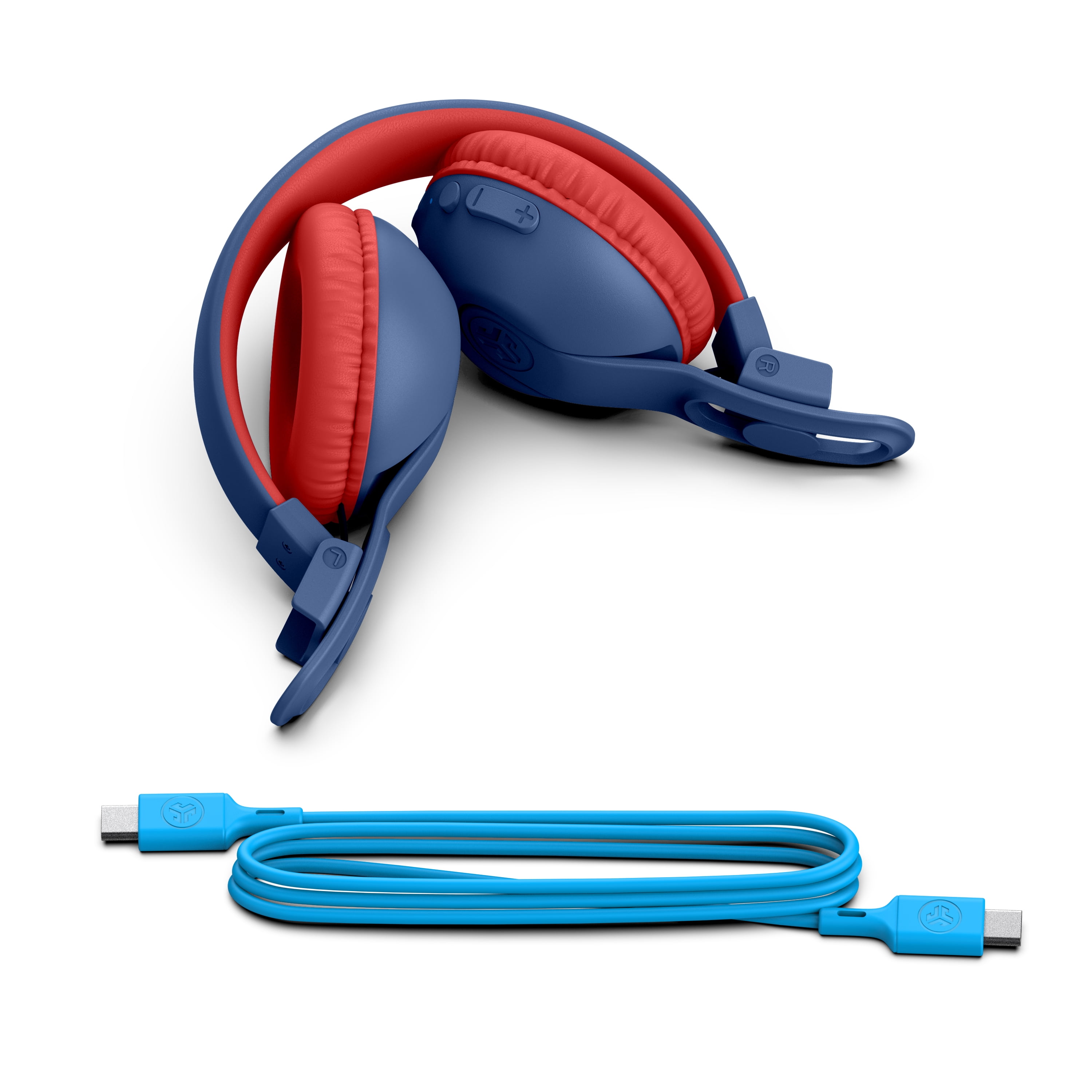 JLab JBuddies Studio 2 On-Ear Kids Wireless Headphones, Blue/Red, Volume Safe, Folding