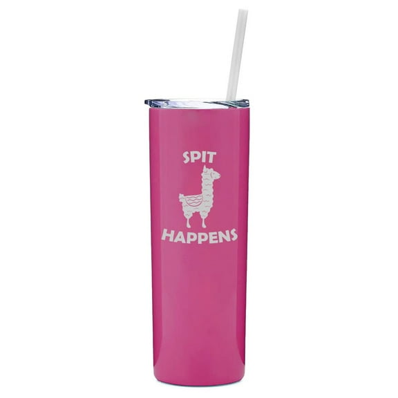 20 oz Skinny Tall Tumbler Stainless Steel Vacuum Insulated Travel Mug Cup With Straw Spit Happens Funny Llama Gift (Hot Pink)