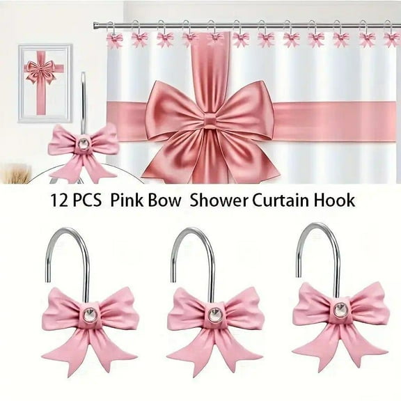 12 Pack Stainless Steel Shower Curtain Metal Hook, Elegant Resin Bow Design, 1.57in X 3.15in, with Rhinestone Decoration, Suitable for Living Rooms, Bedrooms, Kitchens, Including Decorative Curtains