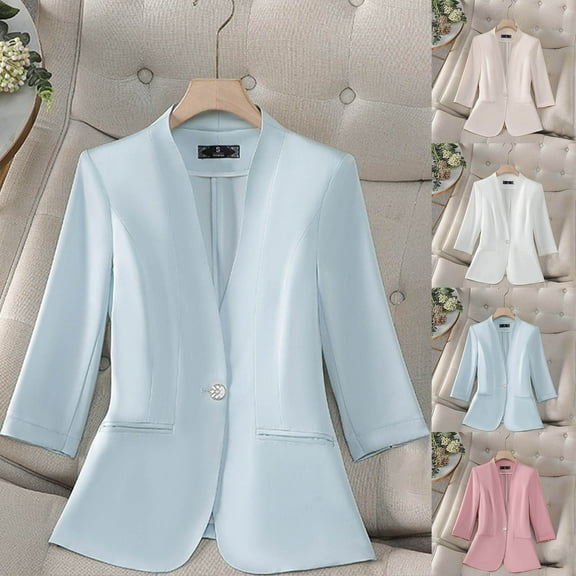 Feancey Slim Fit Blazers for Women Business Casual 3/4 Sleeve Suit Jackets One Button V Neck Office Work Jacket with Pockets Blue L