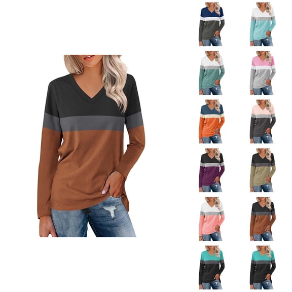 Color Block Long Sleeve Shirts for Women 2026 Spring Fall Casual Relaxed Fit V Neck Shirt Pullover Blouse