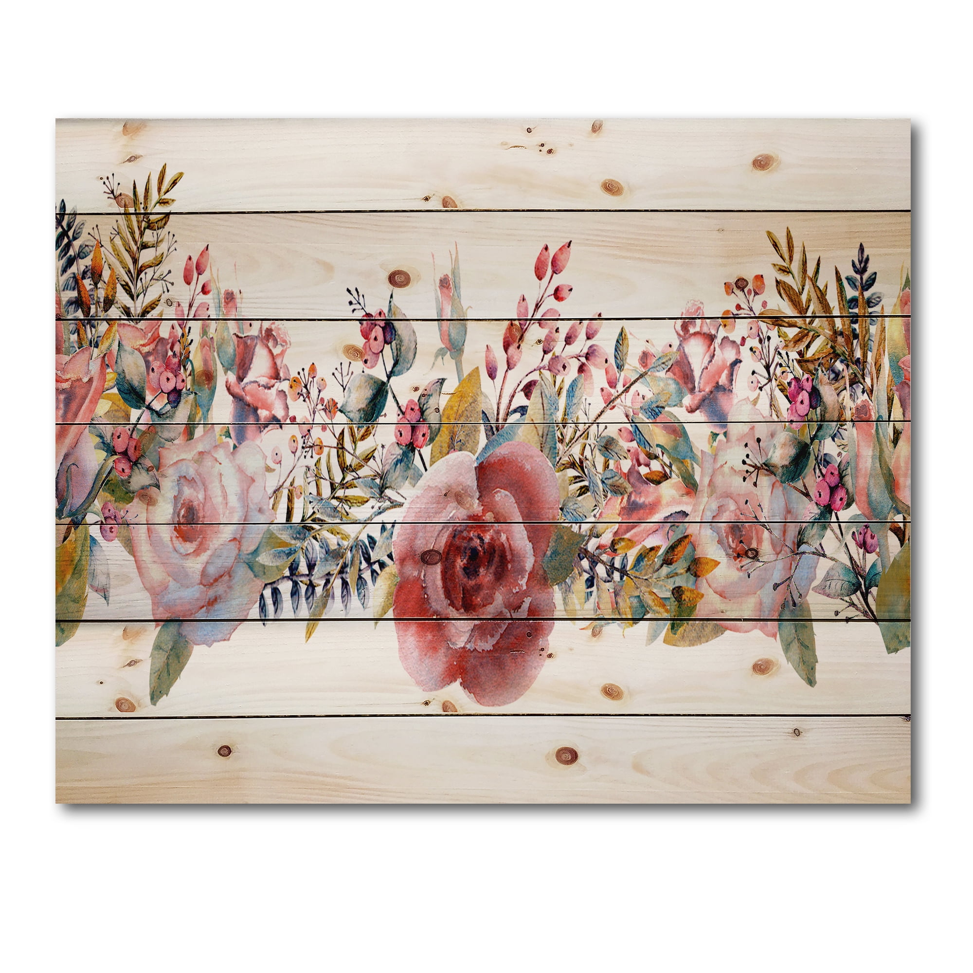 Designart 'Wildflower and Pink Roses' Farmhouse Print on Natural Pine Wood