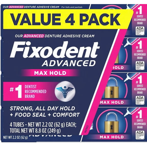 Fixodent Advanced Max Hold Denture Adhesive 2.2 Oz (Pack of 4)