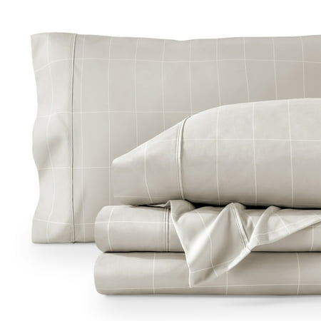 Bare Home Ultra-Soft Sheet Set - Premium 1800 Collection - Deep Pockets - 3-Pieces - Twin Grid - Stone/White