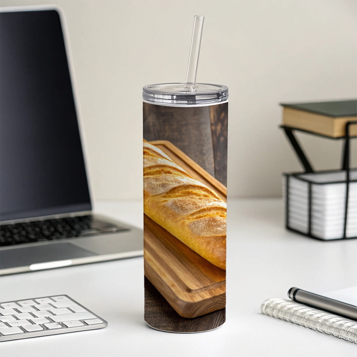 Baguette Bread Board 20oz Insulated Water Bottle Skinny Tumbler Includes Straw