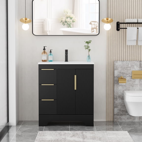 Eclife 30-inch Bathroom Vanity with Integrated Sink, Soft-Close Hinges, Fluted Door Design, Mid-Century Modern