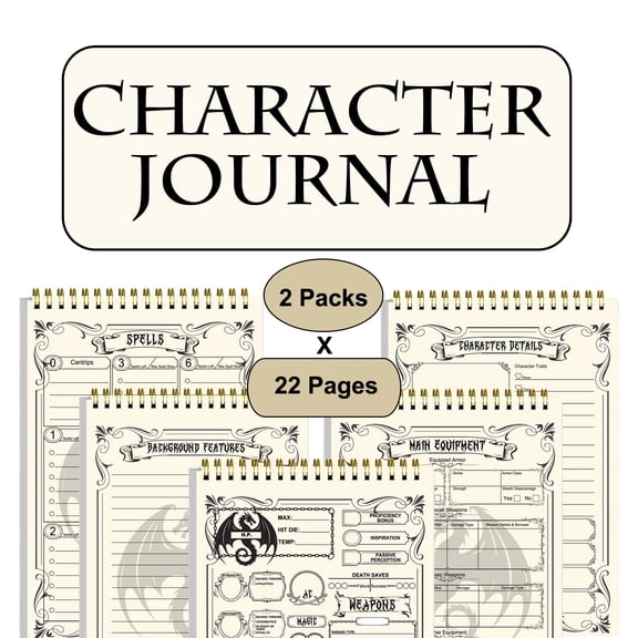 Two 22-Page Character Journals,2-Pack Notepad With Character Sheets and Session Log, For Campaign Role Playing Games