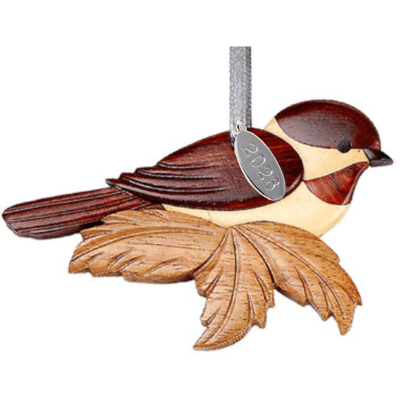 2026 Chickadee Intarsia Style Two-Tone Handcrafted Wood Ornament Ornament - Intarsia Design - Comes in A Gift Bag So It's Ready for Giving
