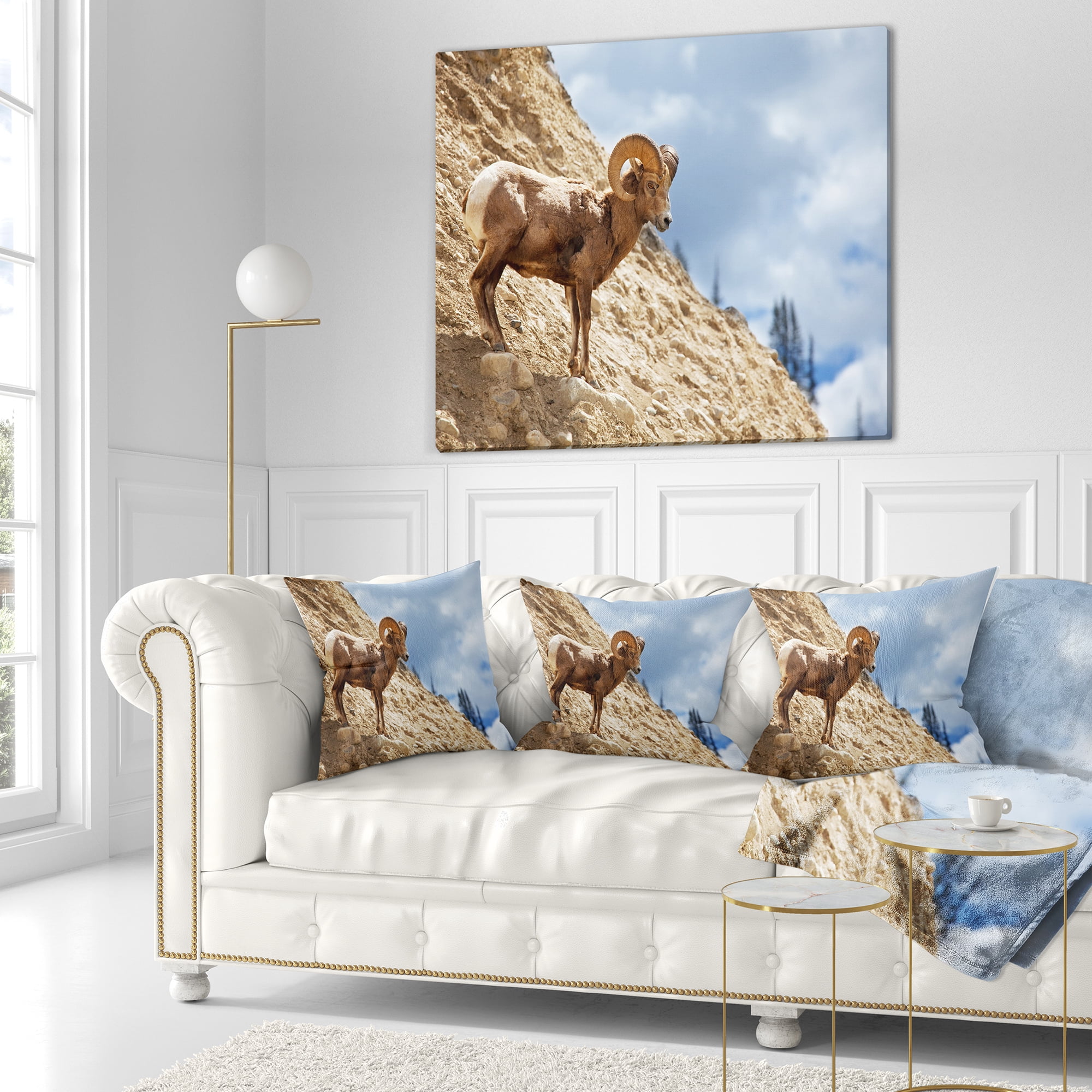 Designart Single Goat on Rocky Mountain - Animal Throw Pillow - 16x16