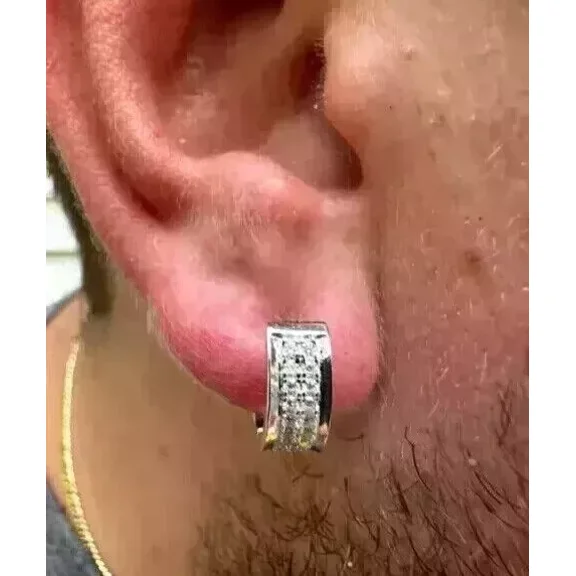 2 Ct Round Cut White Moissanite Men's Hoop Earrings 14k White Gold Plated