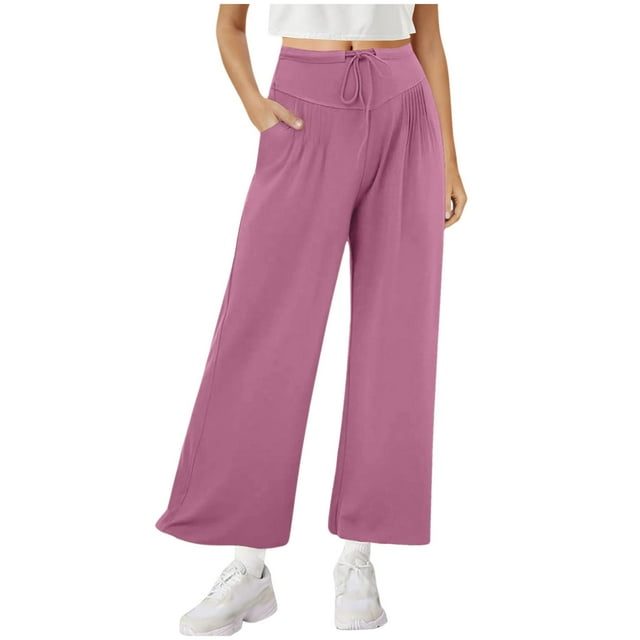 Plebaso Womens High Waisted Drawstring Wide Leg Pants Casual Pleated Full Length Lounge Pants with Pockets