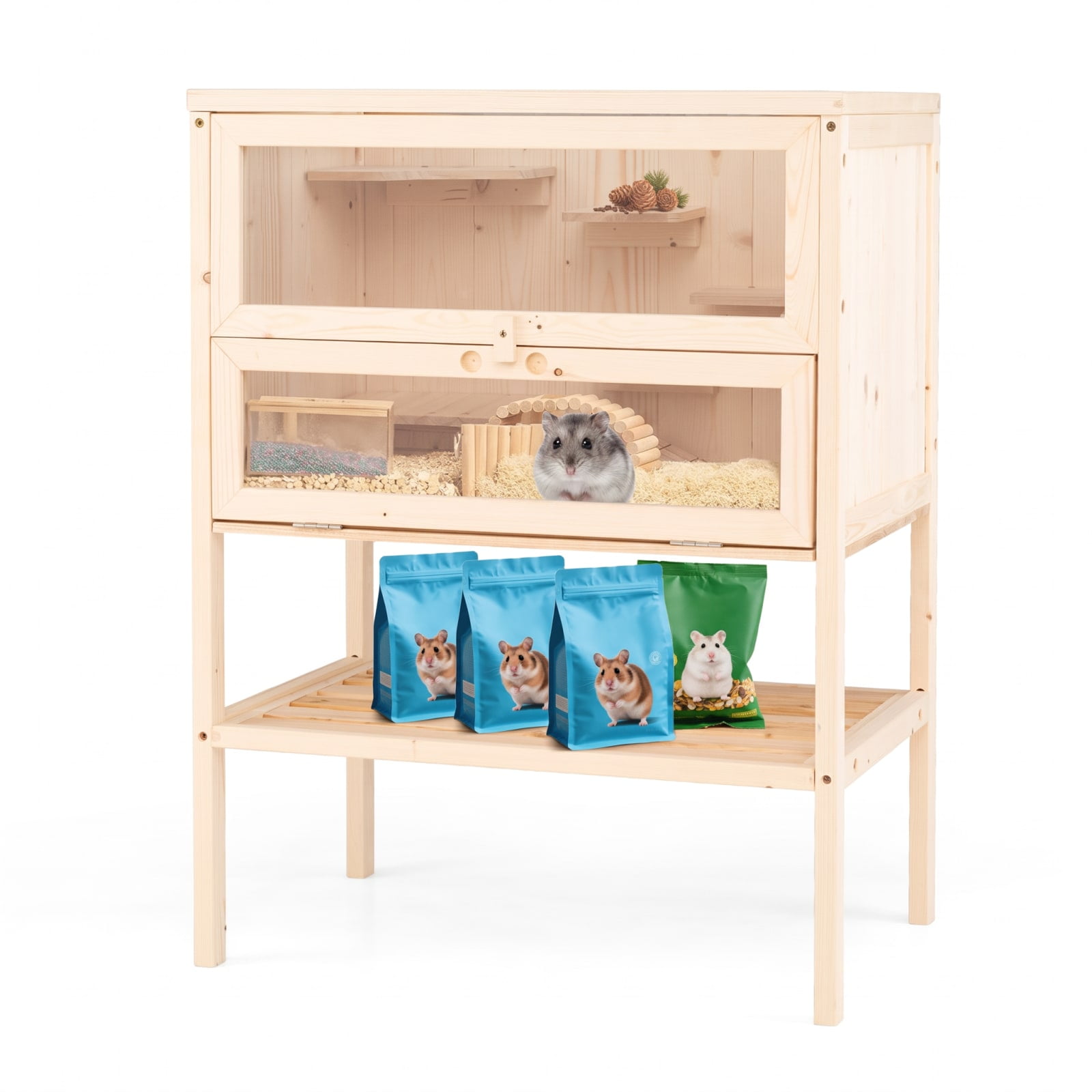 Vebreda 31.5" Wooden Hamster Cage with Flip-Top Roof, Lockable Door and Multi-Level Platforms, Natural