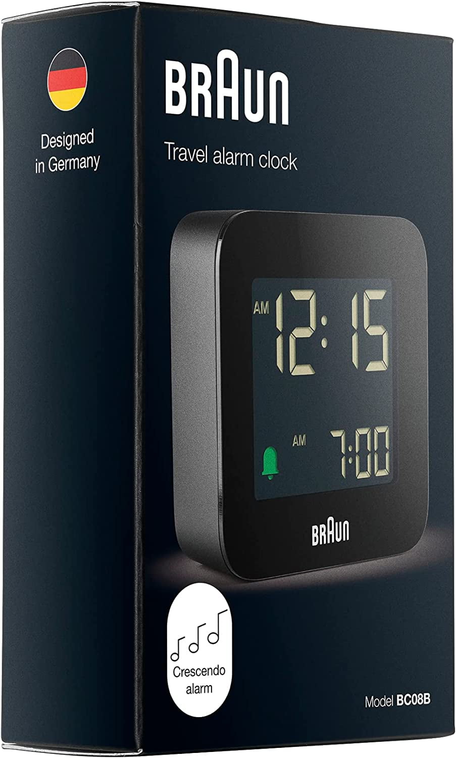 Braun Digital Travel Alarm Clock with Snooze, Compact Size, Negative LCD Display, Quick Set, Crescendo Beep Alarm in Black, model BC08B.