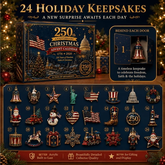 Clearance Gunhay 250th Anniversary Christmas Advent Calendar, 24-Day Countdown with Acrylic Hanging Ornaments for Christmas Tree, Holiday Decor & Keepsake Gift