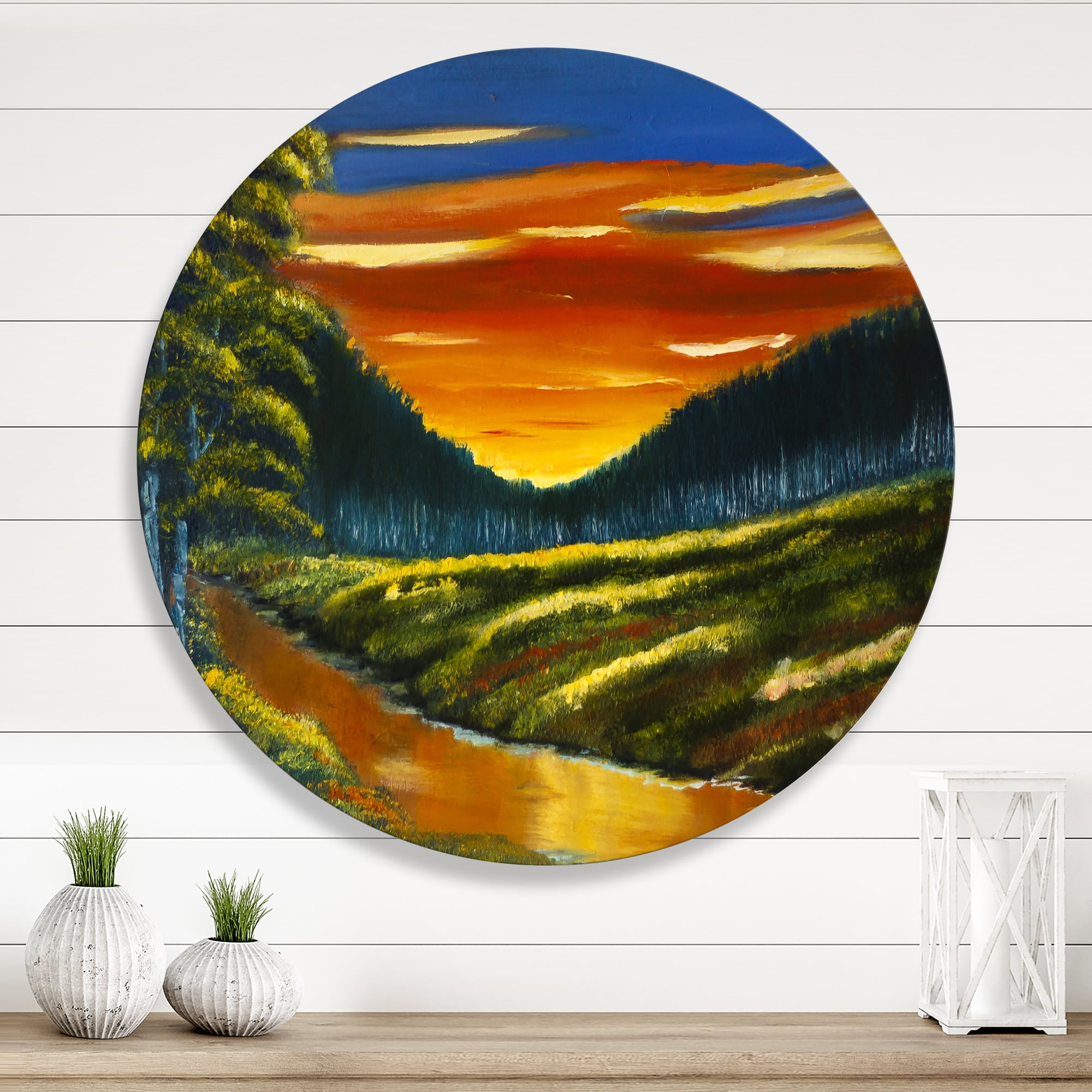 Designart 'Warm Coloured Sunset Glow Above The Lotus Swamp' Traditional Circle Metal Wall Art 23x23 - Disc of 23