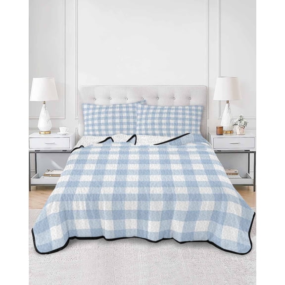 Quilts Full Size, Light Blue Plaid Soft Comforter Bedding Set for Bed, Modern Minimalist Country Lightweight Quilted Bedspread with Pillow Cover(2 Pieces) for All Season, 78x90 Inch
