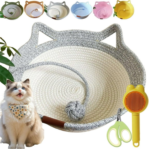 Stimulicat Cat Bed, Stimuli Cat Handwoven Basket, StimuliCat Cats Bed with Toy Tail, Foldable Scratchable Breathable Prevents Overheating for Cats (Beige-Gray,for 0-5.5 Ibs)