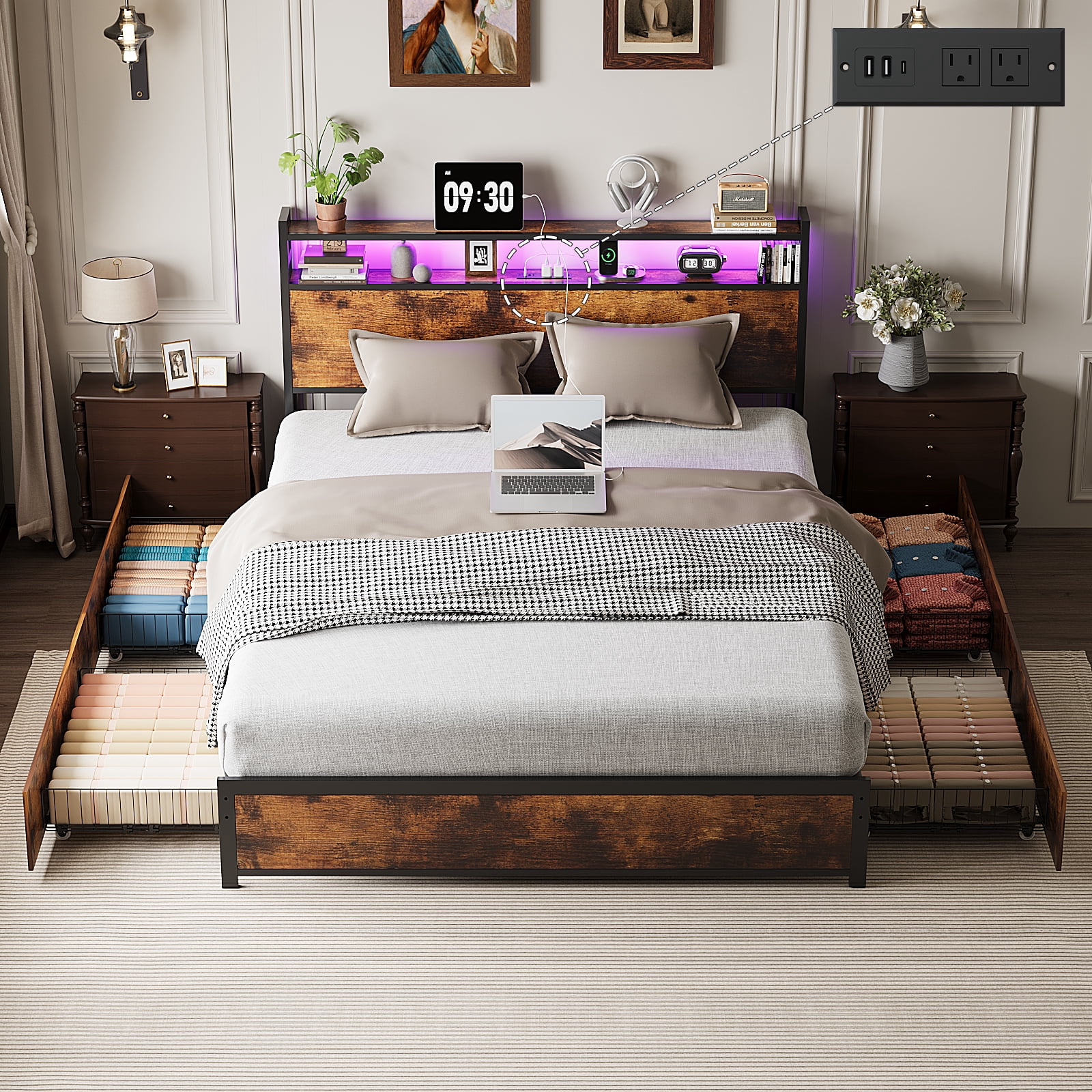 Zimtown Full Bed Frame with 2-Tier Storage Headboard, Metal Platform Bed Frame with 4 Storage Drawers, Built in Charging Station & LED, Vintage Brown
