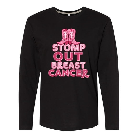 Inktastic Stomp Out Breast Cancer with Pink Cowgirl Boots Long Sleeve T-Shirt
