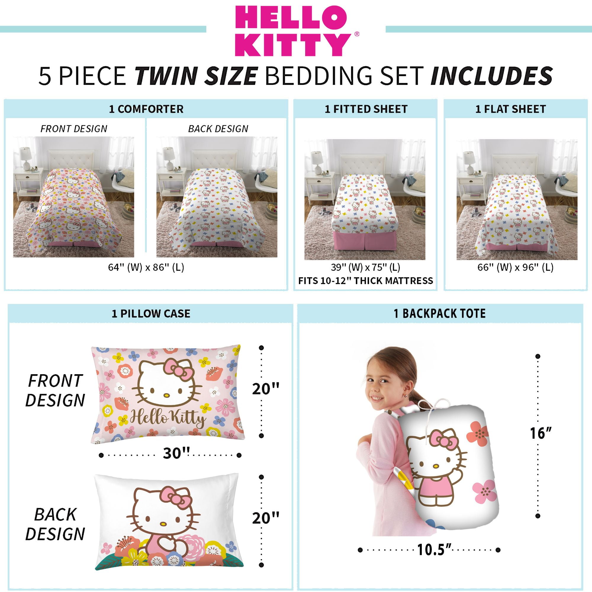 Hello Kitty Kids Twin Bed in a Bag, 5Pc Bedding Set, Comforter and Sheets with Bonus Tote
