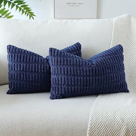 Eryueer Set of 2 Corduroy Soft Striped Cushion Covers 30x50 cm Boho Decorative Throw Pillow Covers Lumbar Cushion Case Couch Home Decor Pillowcases for Sofa Bedroom 12x20 Inch (Navy Blue)