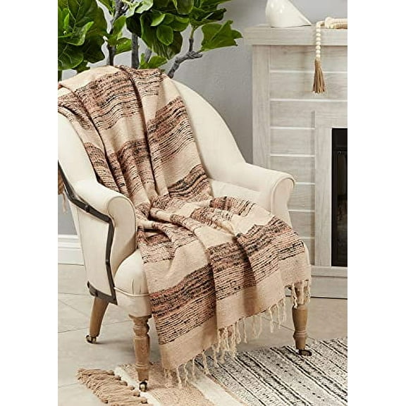 Fennco Style Rayon Cotton Woven Striped Throw Blanket with Tassel 50" W x 60" L - Natural Lightweight Blanket for Couch, Bedroom and Living Room Décor