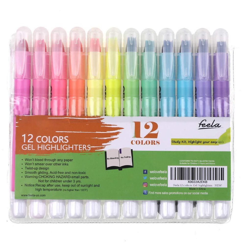 Feela 12 Colors Gel Highlighters, Gel Highlighter Markers Study Kit