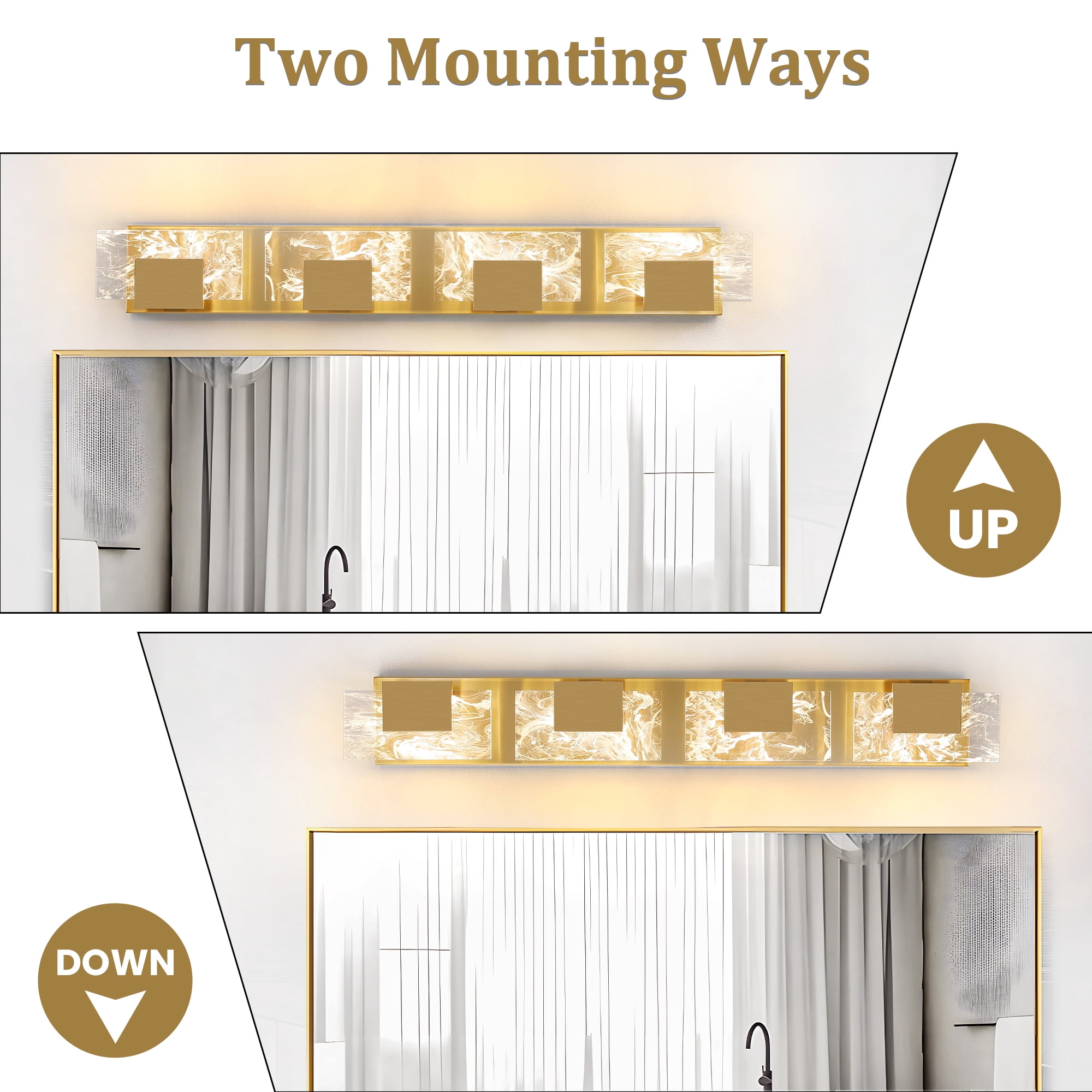 LED Bathroom Vanity Light 4-Light Gold Acrylic Modern Lighting Fixtures Smoke Design 3000K Wall Lights Fixture Over Mirror