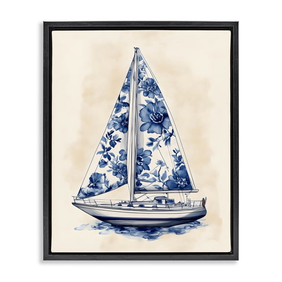 Stupell Industries French Country Blue Floral Sailboat Black Floating Frame Canvas Art, 17 x 21, by Arlington Prints