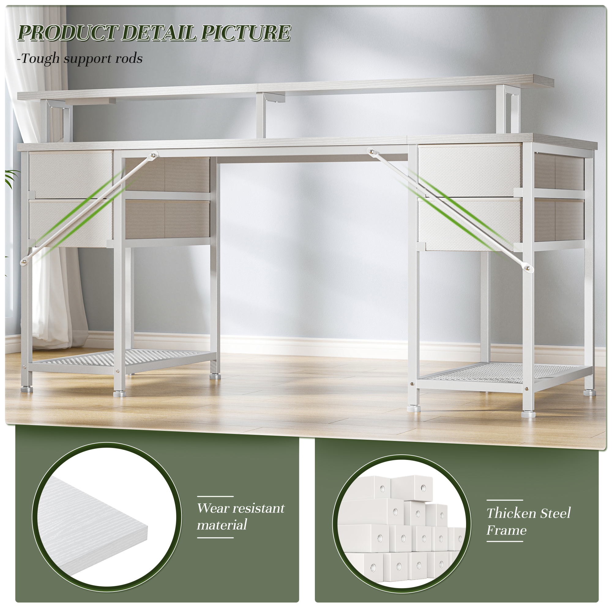 EnHomee Office Desk with 4 Fabric Drawers Gaming Desk with storage Computer Desk for Bedroom, White