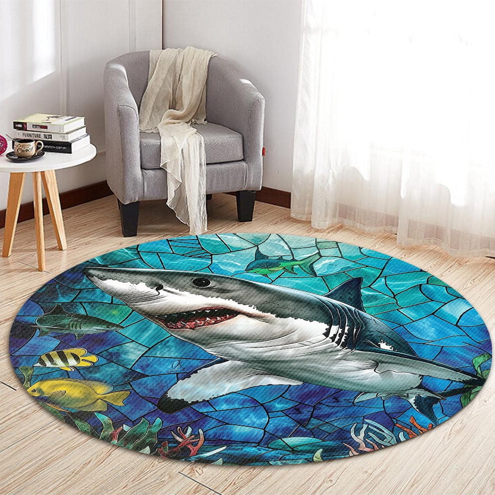 Circle Area Rug, Shark2 Washable Non-Slip Floor Carpet, Soft Rug for Living Room Bedroom Decor 59 Inch
