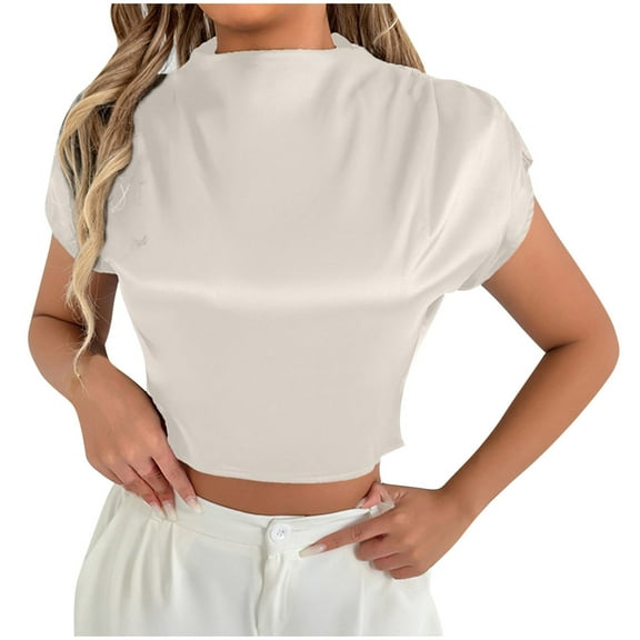 Women's Crop Tops Keyhole Back Ruffle Short Sleeve Slim Fit Fashion Blouses Soft Summer Solid Color Clothes (XS, White)