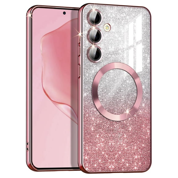 CASEFIV for Samsung Galaxy S24 Case,Compatible with MagSafe,Clear Magnetic Glitter Gradient Sparkle Luxury Plated Soft TPU Bumper Full Camera Lens Protector,Rose Gold