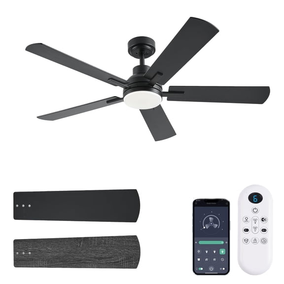 Low Profile Ceiling Fan with Lights, 52 inch Modern Black Ceiling Fans with Lights APP/Remote Control,6 Speeds Ceiling Fan Light for Indoor/Outdoor Patio Bedroom Living Room