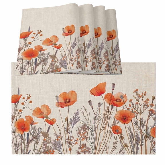Orange Spring Floral Placemats for Dinning Table Set of 4, Watercolor Farmhouse Botanical Burlap Kitchen Place Mats Waterproof Cloth Table Mats, Indoor Outdoor Placemats Easy Clean Dinner Decor
