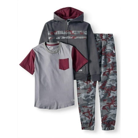 Beverly Hills Polo Club Fleece Hoodie, Twill Camo Jogger and T-Shirt, 3-Piece Outfit Set (Little Boys & Big