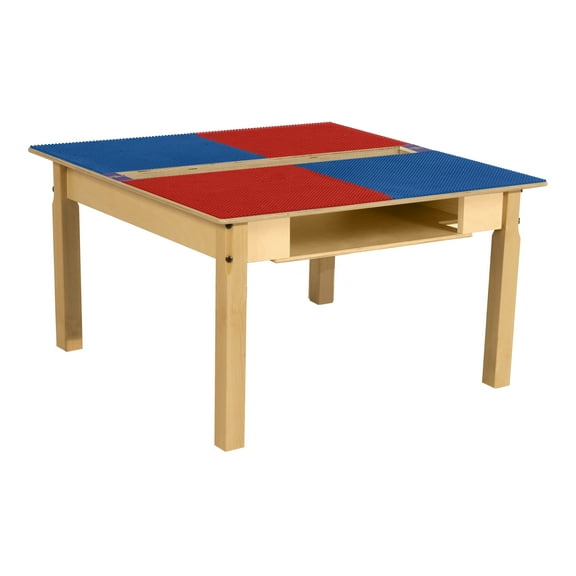 Time-2-Play  Square Play Table with Trough, Shelf & 18 in. Legs & Duplo Compatible Grid, Red & Blue