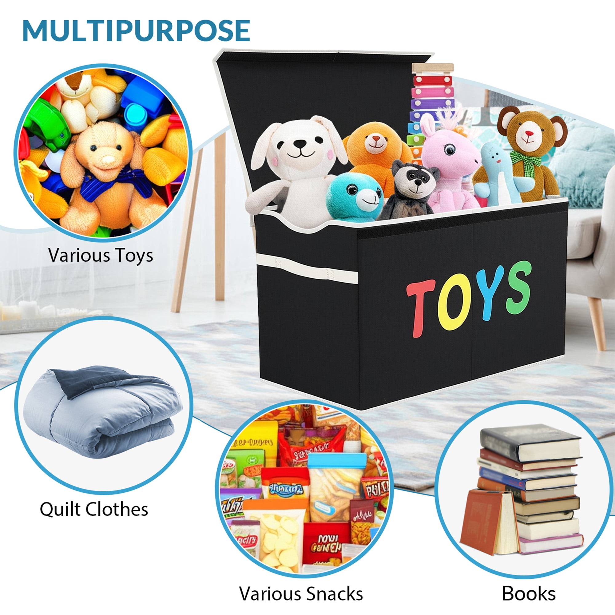 VICTORICH Extra Large Children's Collapsible Toy Storage Fabric 32 gal Kids Room Toy Chests with Lid, Black