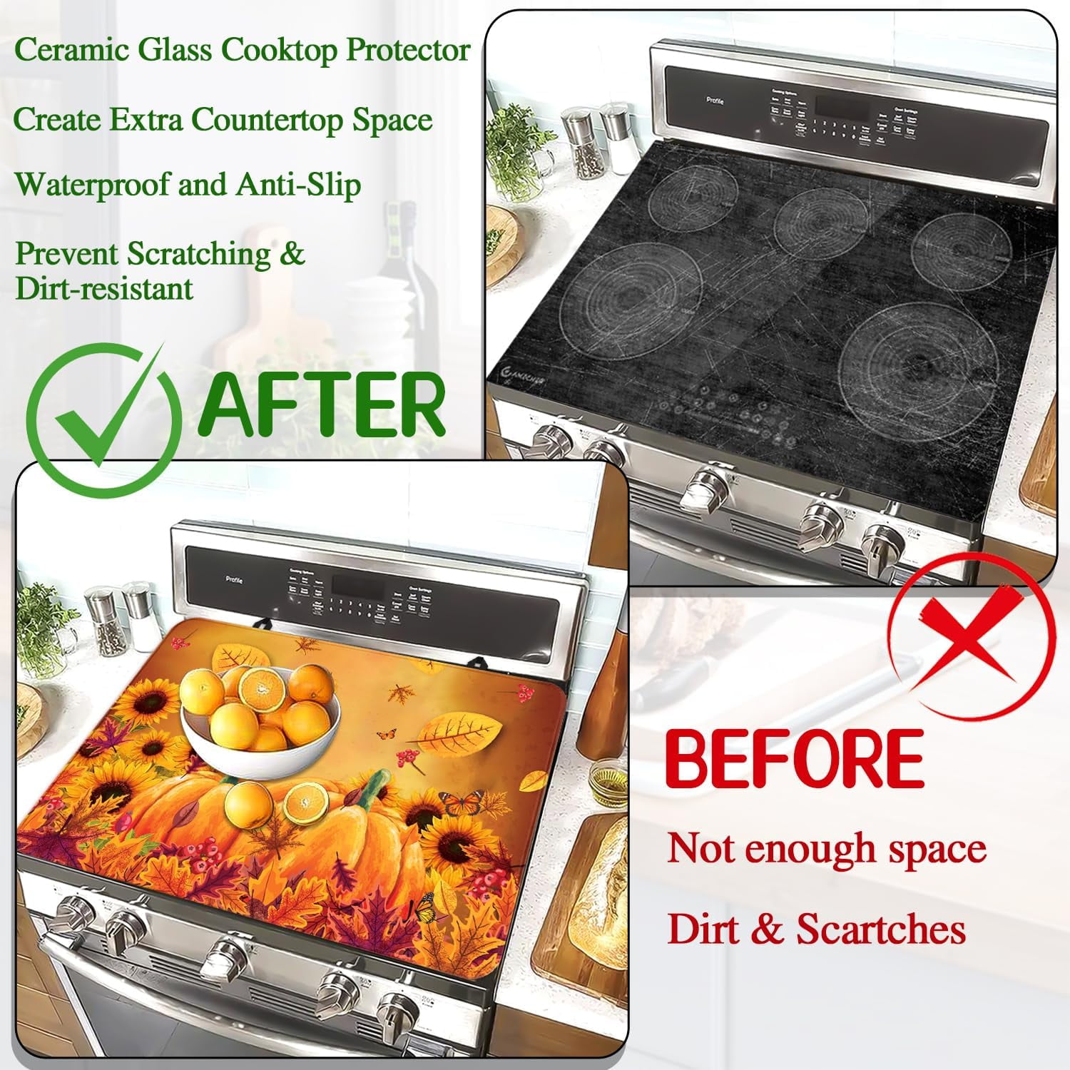 Fall Stove Top Cover for Electric Stove 28 "x 20 ", Pumpkin Leaves Heat Resistant Glass Top Stove Cover Protector, Glass Cooktop Covers, Kitchen Flat Electric Stove Top Covers