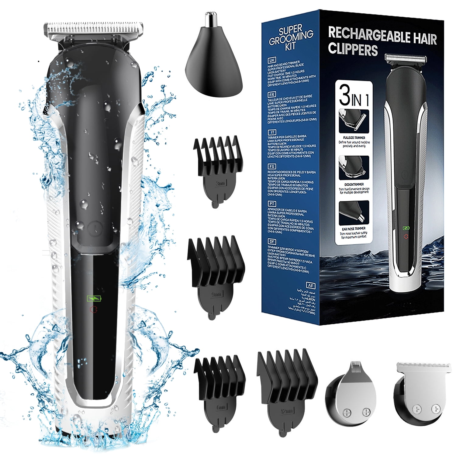 YOOVEE Men's All-in-One Grooming Kit, Beard Trimmer, Hair Clippers, Nose & Ear Razor, Detail Trimmer, IPX6 Waterproof Cordless Clipper with 4 Limit Combs