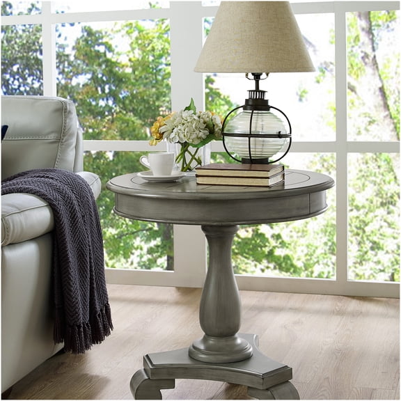 Gray Round Wood Pedestal End Table for Living Room, Transitional Style Accent Table with Scrolled Legs