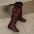 thumbnail image 5 of Slouchy Knee High Boots Women Hidden Wedge Low Heel Flat Booties Soft Leather Buckle Strap Pull on Zipper Round Toe Riding Boots, 5 of 7
