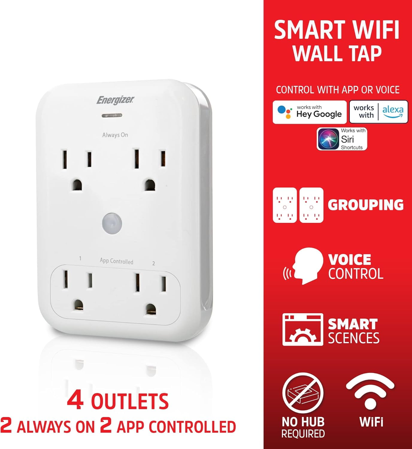 Energizer Smart Wi-Fi Indoor Camera 2-Pack with Smart Wall Tap Outlets, 1080P, Cloud/Micro-SD Card Recording, 2-Way Audio, Night Vision, Remote Access, Motion Alerts, Activity Zones, 2.4GHz Wi-Fi