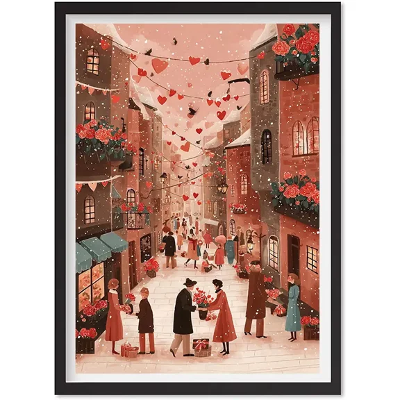 Valentine'S Day Printable Wall Art, Valentine'S Day Romantic Village Scene Print, Matte Canvas Stretched, Posters for Room Bedroom Living Room Bathroom Wall Decor, Posters & Art Prints, Gift.