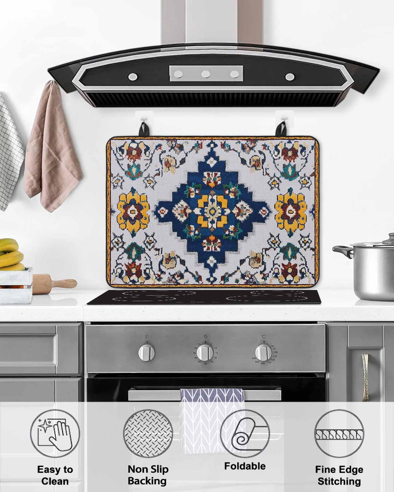 nqOlkjepod Large Induction Cooktop Protector Mat 28.5"x20.5", Blue Grey Boho Stove Top Covers for Electric Stove, Retro Traditional Oriental Boho Tribal Stove Burner Cover Mats Stove Cover