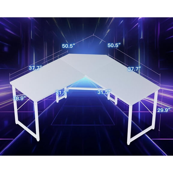 L Shaped Gaming Desk, Corner Desk Gaming Table for Home Office, Computer Desk Sturdy Writing Workstation for Small Space, Easy to Assemble, 51 inch, Carbon Fiber Surface, White
