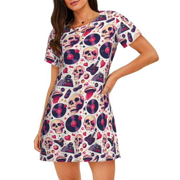 Easygdp Skull lips record Guitar Camisón de manga corta para mujer, informal, estampado