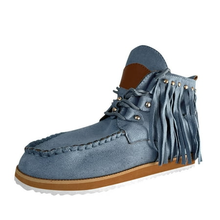 

TOYFUNNY Womens Vintage Fringe Round Toe Casual Shoes Short Boots Nude Boots